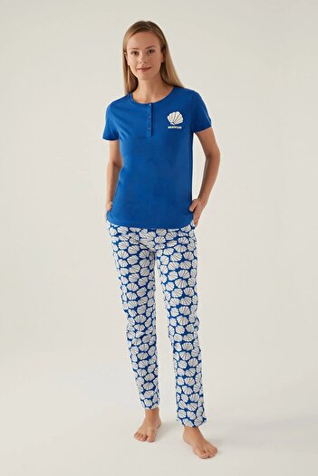 Arnetta BUTTONED NECK 100% COTTON SHORT SLEEVE SOFT TEXTURED WOMEN'S PAJAMAS SET
