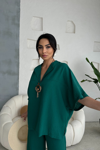 Ortaya Çık Dark Green Linen Cuff Slit Set