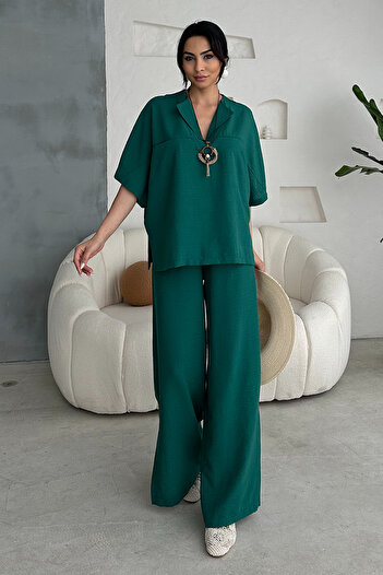 Ortaya Çık Dark Green Linen Cuff Slit Set