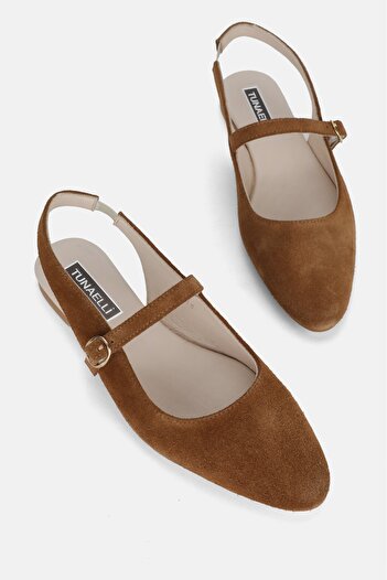TUNAELLİ Tan Suede Women's Open Sandals - Genuine Natural Leather Ballerinas