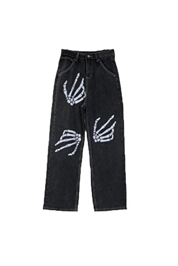 Gofeel Gothic Skeleton Hand Baskılı Unisex Bol Paça Koyu Gri Pantolon