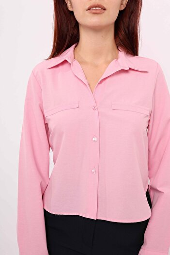 Lusin Women's Comfortable Cut Pocket Ornamental Detailed Woven Shirt - Candy Pink