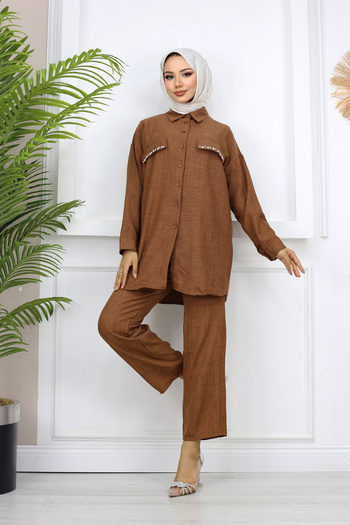Bold Grup Women's Pocket Closures Pearl Decorated Linen Double Shirt Pants Set