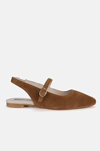 TUNAELLİ Tan Suede Women's Open Sandals - Genuine Natural Leather Ballerinas