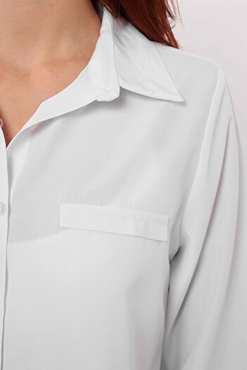 Lusin Women's Comfortable Cut Pocket Ornamental Detailed Woven Shirt - White