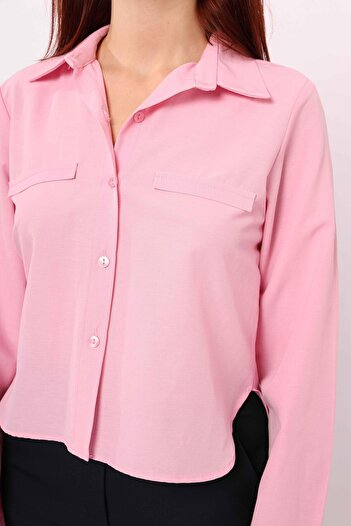 Lusin Women's Comfortable Cut Pocket Ornamental Detailed Woven Shirt - Candy Pink