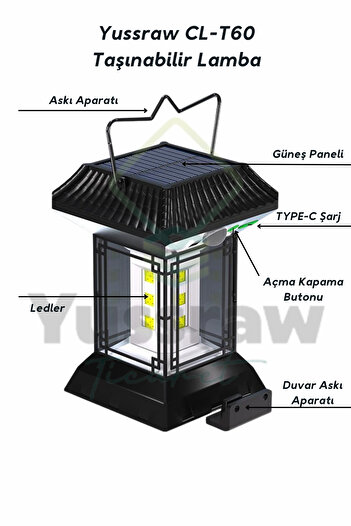 Yussraw solar aydınlatma güneş enerjili kamp lambası sensörlü ve usb sarjlı+güneş enerji