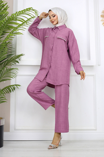 Bold Grup Women's Pocket Closures Pearl Decorated Linen Double Shirt Pants Set