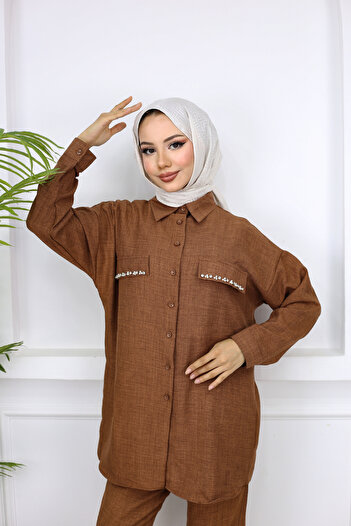 Bold Grup Women's Pocket Closures Pearl Decorated Linen Double Shirt Pants Set