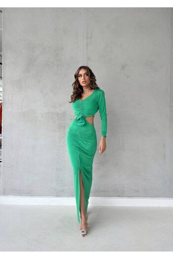 1Moda1Tarz Women's Green Imported Crepe Fabric Waist Low-cut Gathered Slit Rose Detail Design Dress