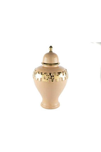 Mikasa Moor Gold Şeritli Somon Küp Kapaklı Vazo 27x27x46cm
