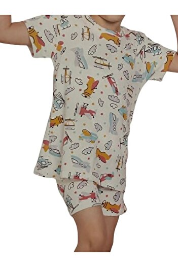 Elmas Ecru Helicopter Patterned Crew Neck 100% Cotton Boys' Pajamas Set