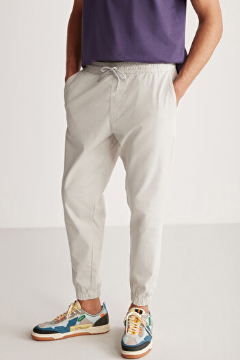 GRIMELANGE Jakob Men's Woven Washed 4-Pocket Thick Textured Gray Trousers with Elastic Legs