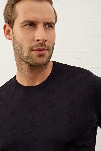 Danger Men's Square Patterned Slim-fit Mold Summer Knitwear T-shirt Dark Navy Blue