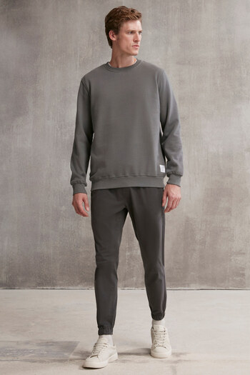 GRIMELANGE Jakob Men's Woven Washed 4-Pocket Thick Textured Anthracite Trousers with Elastic Legs