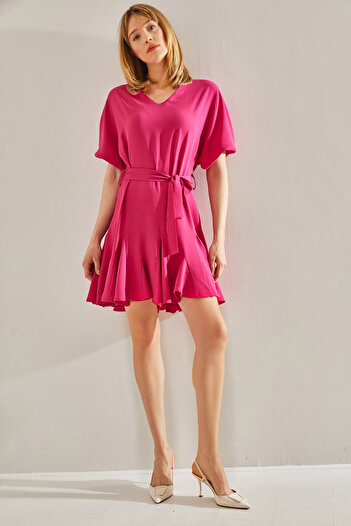 Bianco Lucci Fuchsia Women's Dress with V-Neck Belt and Ruffle Detail -60251019