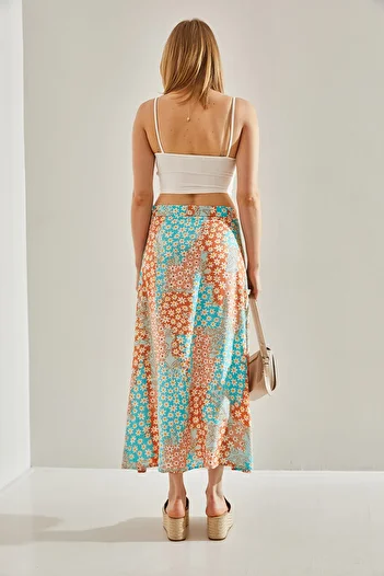 Bianco Lucci Women's Turquoise-orange Side Hidden Zipper Slit Floral Skirt60251034