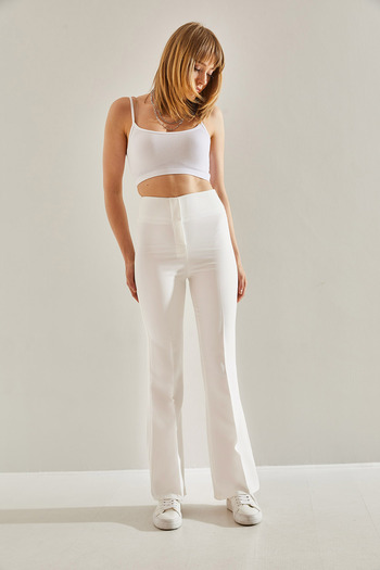 Bianco Lucci High Waist Ecru Women's Trousers - Spanish Leg, Double Fabric60221008