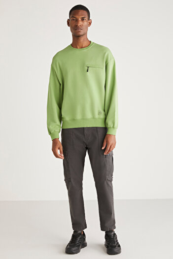 GRIMELANGE Casper Men's Zippered Pocket Round Collar Green Sweatshirt
