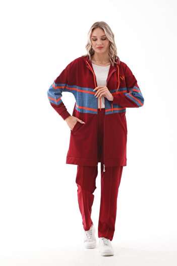 WestBound Women's Denim Piece Striped Bottom Top Double Tracksuit Set Claret Red