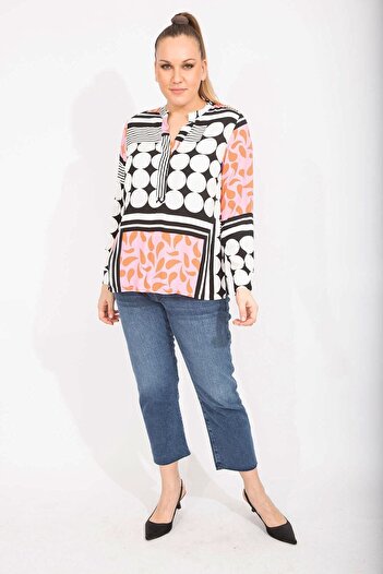 Şans Women's Colorful Large Size V-Neck Cuffed Woven Viscose Fabric Blouse 65n35652