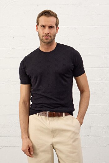Danger Men's Square Patterned Slim-fit Mold Summer Knitwear T-shirt Dark Navy Blue