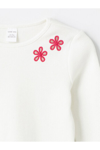 LC Waikiki Ecru Crew Neck Long Sleeve Embroidered Baby Girl T-Shirt