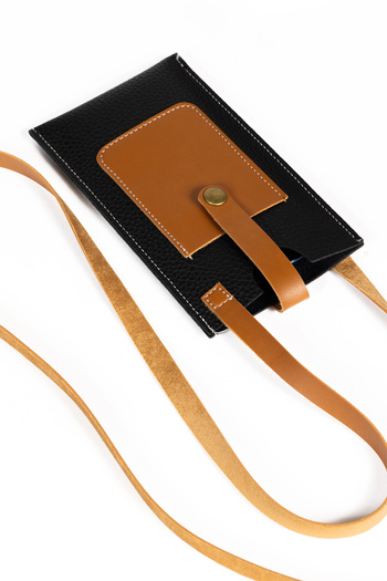 NOTHING Woman's Black Brown Leather Snap Closure Card Holder with Compartment Strap Phone Bag