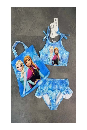 miniko Elsa Frozen Patterned Girl's Bikini - 3 Pieces, Diving Fabric, Ruffled Rope Strap with Bag