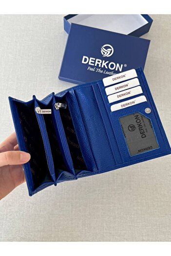 DERKON Mendy Model Useful Genuine Leather Medium Size Women's Wallet Saks Blue Color