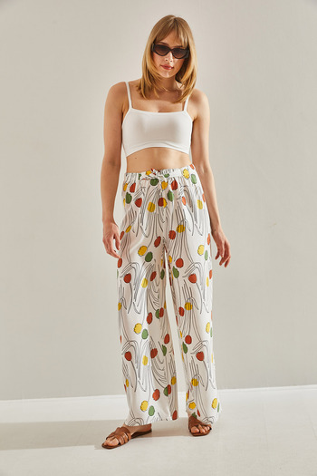 Bianco Lucci Ecru Linen Trousers - Patterned and Elastic Waist, Women's,60101056