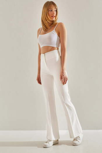Bianco Lucci High Waist Ecru Women's Trousers - Spanish Leg, Double Fabric60221008