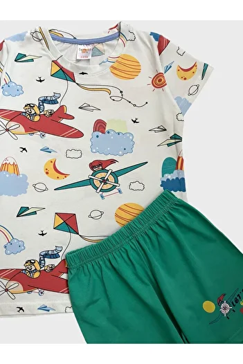 elmas kids Girl's 100% Cotton Cloud Airplane Kite Girl Patterned Short Sleeve Shorts Summer Pajamas Set