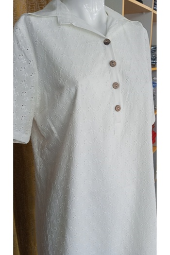 AKŞEN GİYİM Plus Size Cotton Embroidery Fabric Lined Short Sleeve Button Unit Collar Knee-Length Dress