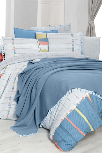 Sarev Eva Carlo Blue Double 100% Cotton Duvet Set and Pique Set