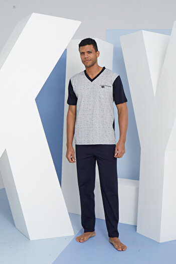 KLY Men's Oversize V-Neck Shortcut Pocket Large Size Pajama Set