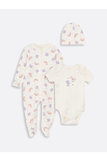 LC Waikiki Cream Printed Crew Neck Printed Baby Girl Hospital Discharge Set 3 Pieces