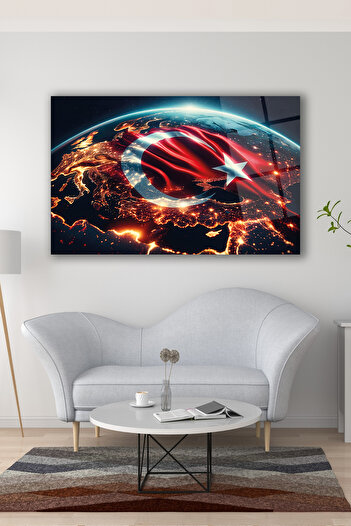 duvarsanatı Turkish Flag and World Horizontal Glass Painting, Modern Home Office Living Room Wall Decor Gift Large Painting Decor