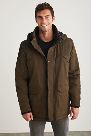 GRIMELANGE Gerardo Men's Very Thick Waterproof and Windproof Lined Hooded Outdoor Outerwear Khaki Coat