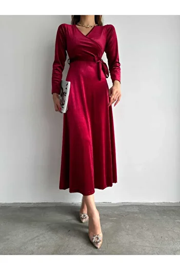 merysare Rochie din catifea cu centura - guler dublu, opțiuni de culoare