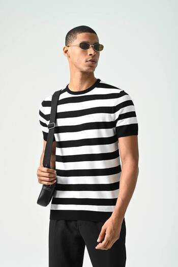 İLKCET MODA Ανδρικό πλεκτό μπλουζάκι με ριγέ λεπτή εφαρμογή