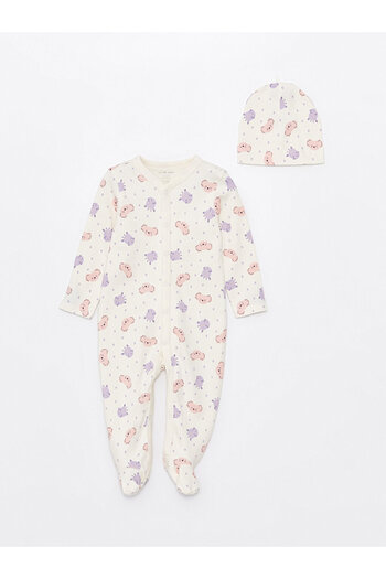 LC Waikiki Cream Printed Crew Neck Printed Baby Girl Hospital Discharge Set 3 Pieces