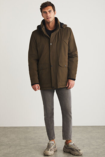 GRIMELANGE Gerardo Men's Very Thick Waterproof and Windproof Lined Hooded Outdoor Outerwear Khaki Coat