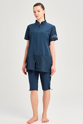 Haşema Short Sleeve Zippered Green Pool Swimsuit with Mesh Pocket Detail