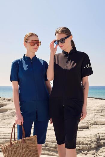 Haşema Short Sleeve Zippered Green Pool Swimsuit with Mesh Pocket Detail