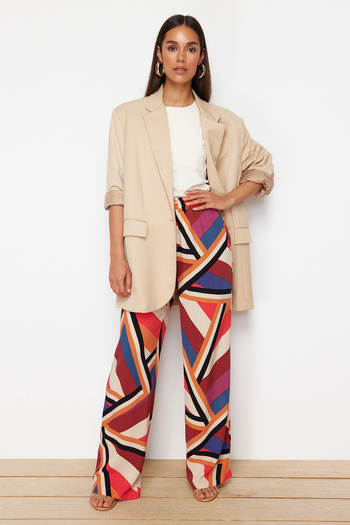 Trendyol Collection Red Elastic Waist Tie Detailed Wide Leg/Wide Leg Patterned Woven Trousers TWOSS24PL00159