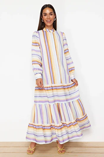 Trendyol Modest Λιλά ριγέ φούστα με βολάν από λινό ύφος TCTSS24EB00105