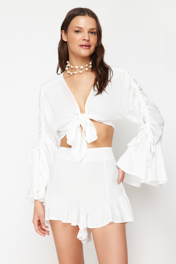 Trendyol Collection Ecru Woven Ruffle Blouse Shorts Set TBESS23AU00128