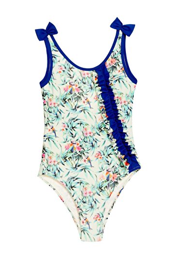 Argento Patterned Bow and Ruffle Detail Children's Swimsuit