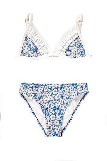 Argento Flower Pattern Ruffle Detail Children's Triangle Bikini Set